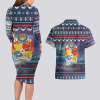 Tonga Christmas Couples Matching Long Sleeve Bodycon Dress and Hawaiian Shirt with Singing Whale Ocean Scene National Coat of Arms - Polynesian Pride