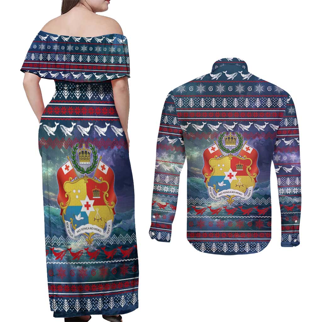 Tonga Christmas Couples Matching Off Shoulder Maxi Dress and Long Sleeve Button Shirt with Singing Whale Ocean Scene National Coat of Arms - Polynesian Pride