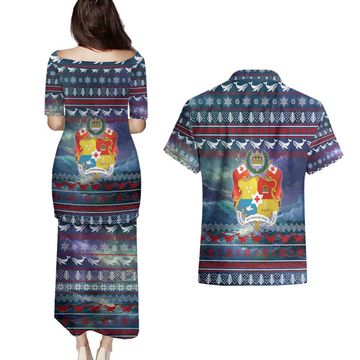 Tonga Christmas Couples Matching Puletasi and Hawaiian Shirt with Singing Whale Ocean Scene National Coat of Arms - Polynesian Pride