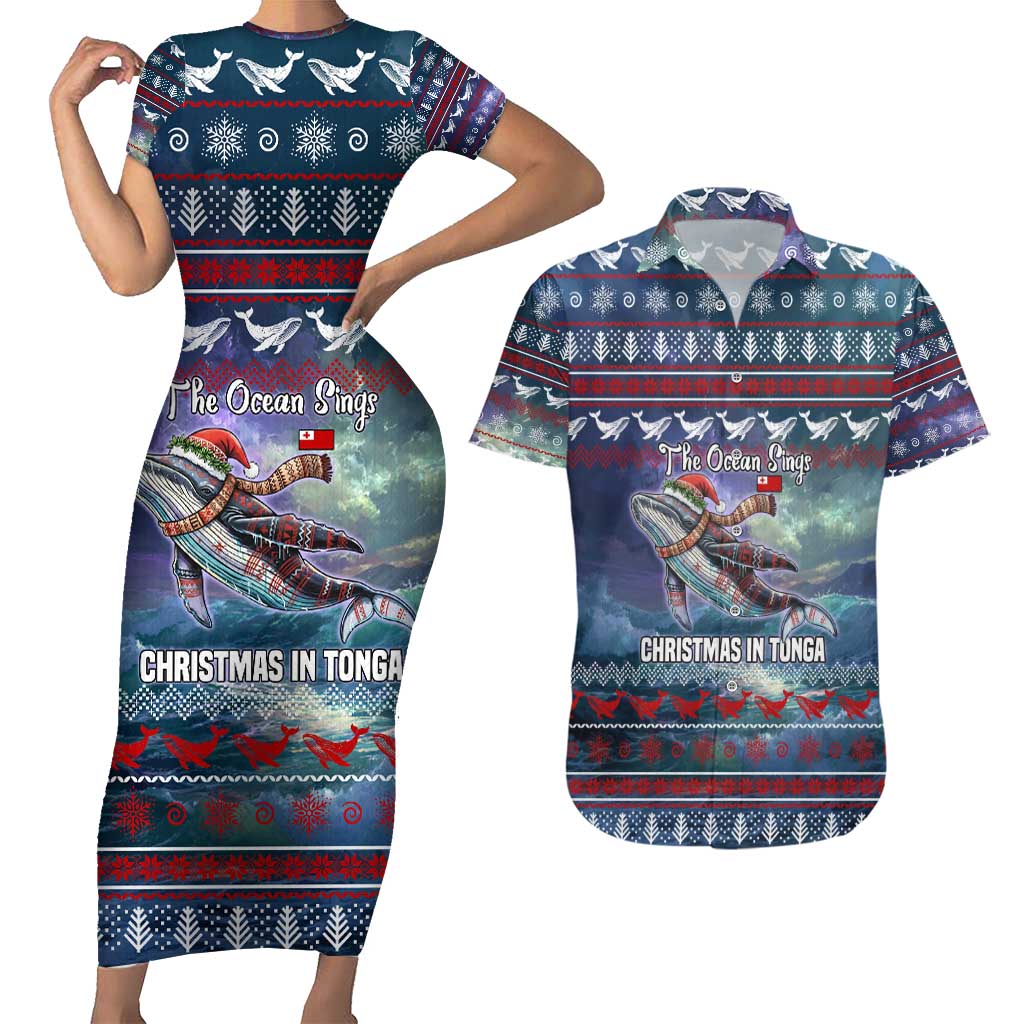 Tonga Christmas Couples Matching Short Sleeve Bodycon Dress and Hawaiian Shirt with Singing Whale Ocean Scene National Coat of Arms - Polynesian Pride