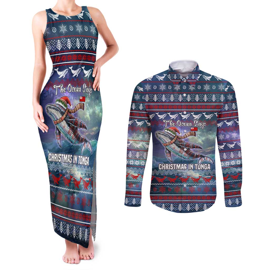 Tonga Christmas Couples Matching Tank Maxi Dress and Long Sleeve Button Shirt with Singing Whale Ocean Scene National Coat of Arms - Polynesian Pride