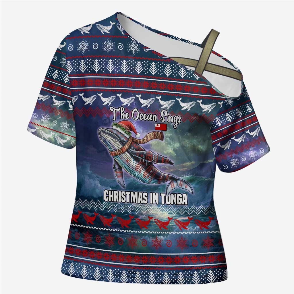 Tonga Christmas Cross Shoulder Shirt with Singing Whale Ocean Scene National Coat of Arms - Polynesian Pride