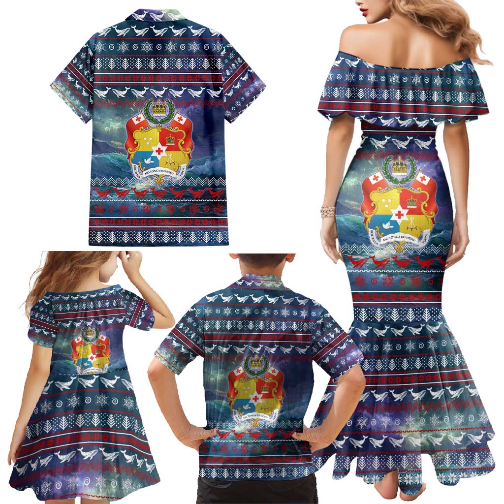 Tonga Christmas Family Matching Mermaid Dress and Hawaiian Shirt with Singing Whale Ocean Scene National Coat of Arms - Polynesian Pride