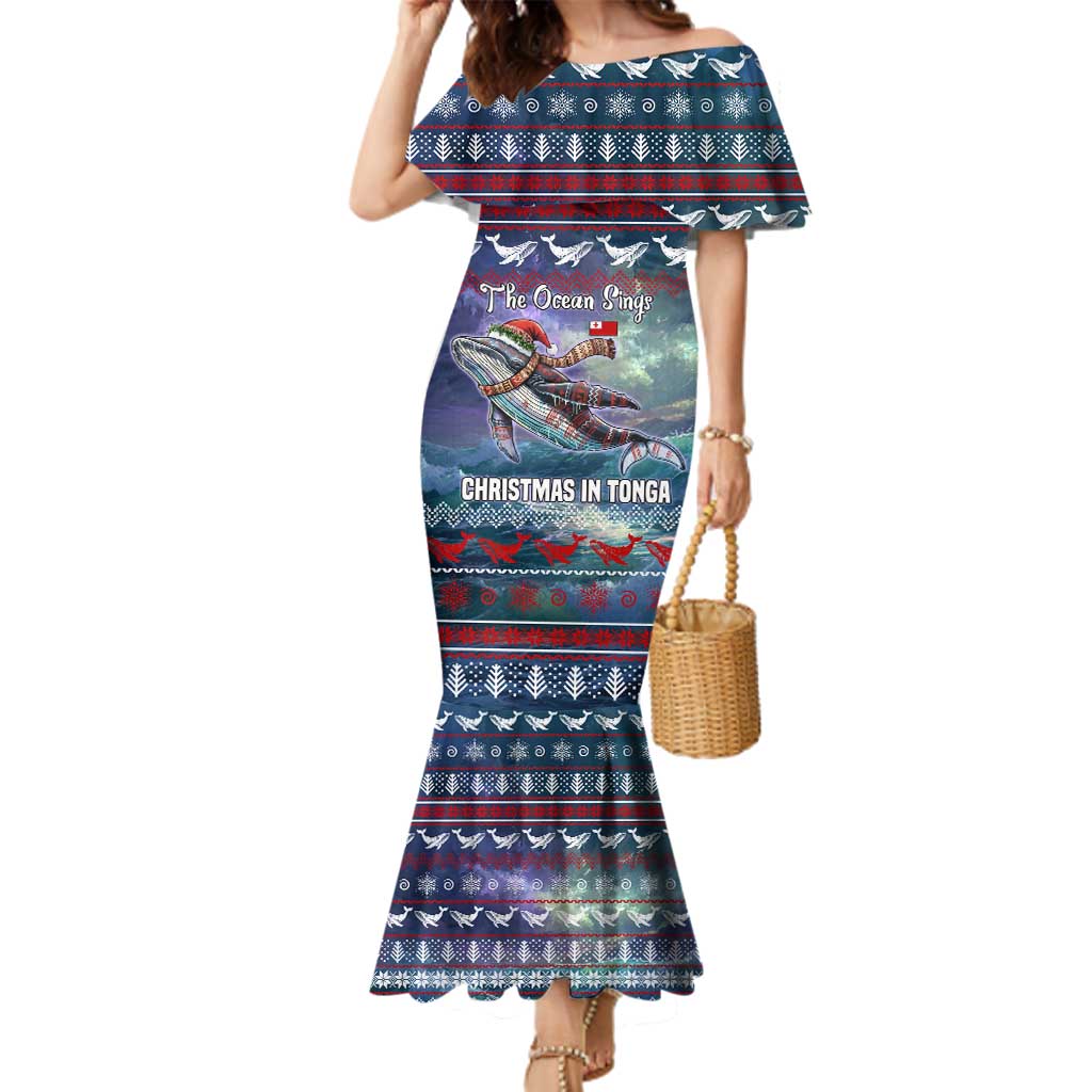 Tonga Christmas Family Matching Mermaid Dress and Hawaiian Shirt with Singing Whale Ocean Scene National Coat of Arms - Polynesian Pride