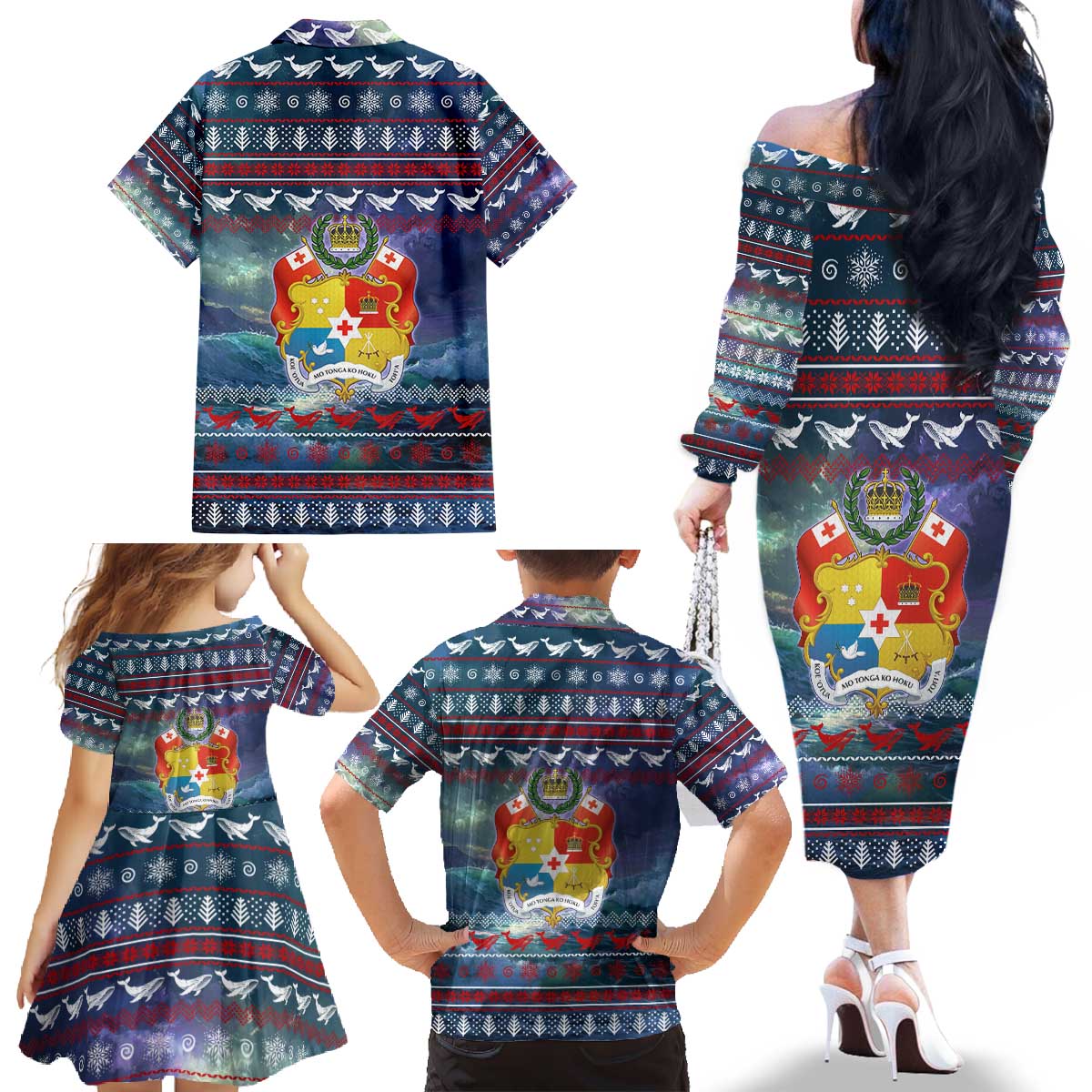 Tonga Christmas Family Matching Off The Shoulder Long Sleeve Dress and Hawaiian Shirt with Singing Whale Ocean Scene National Coat of Arms - Polynesian Pride