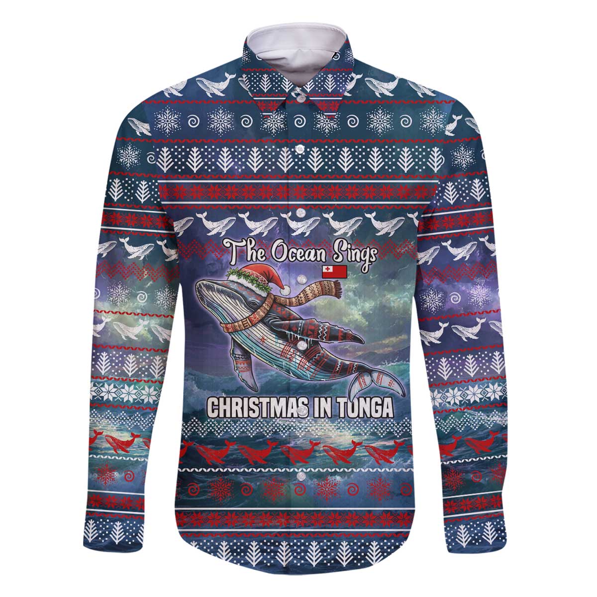 Tonga Christmas Family Matching Off The Shoulder Long Sleeve Dress and Hawaiian Shirt with Singing Whale Ocean Scene National Coat of Arms - Polynesian Pride