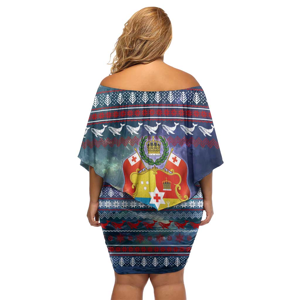 Tonga Christmas Family Matching Off Shoulder Short Dress and Hawaiian Shirt with Singing Whale Ocean Scene National Coat of Arms - Polynesian Pride