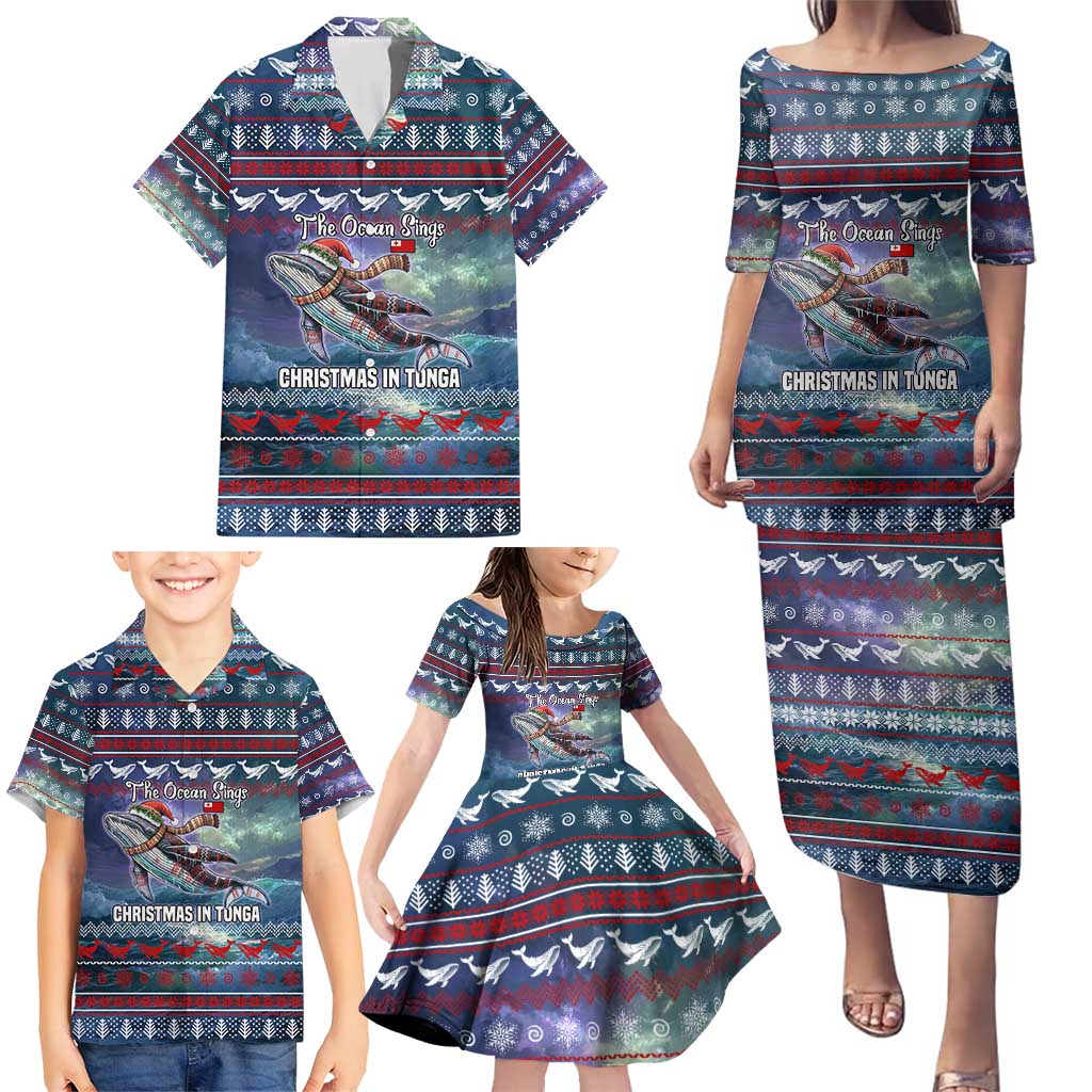 Tonga Christmas Family Matching Puletasi and Hawaiian Shirt with Singing Whale Ocean Scene National Coat of Arms - Polynesian Pride