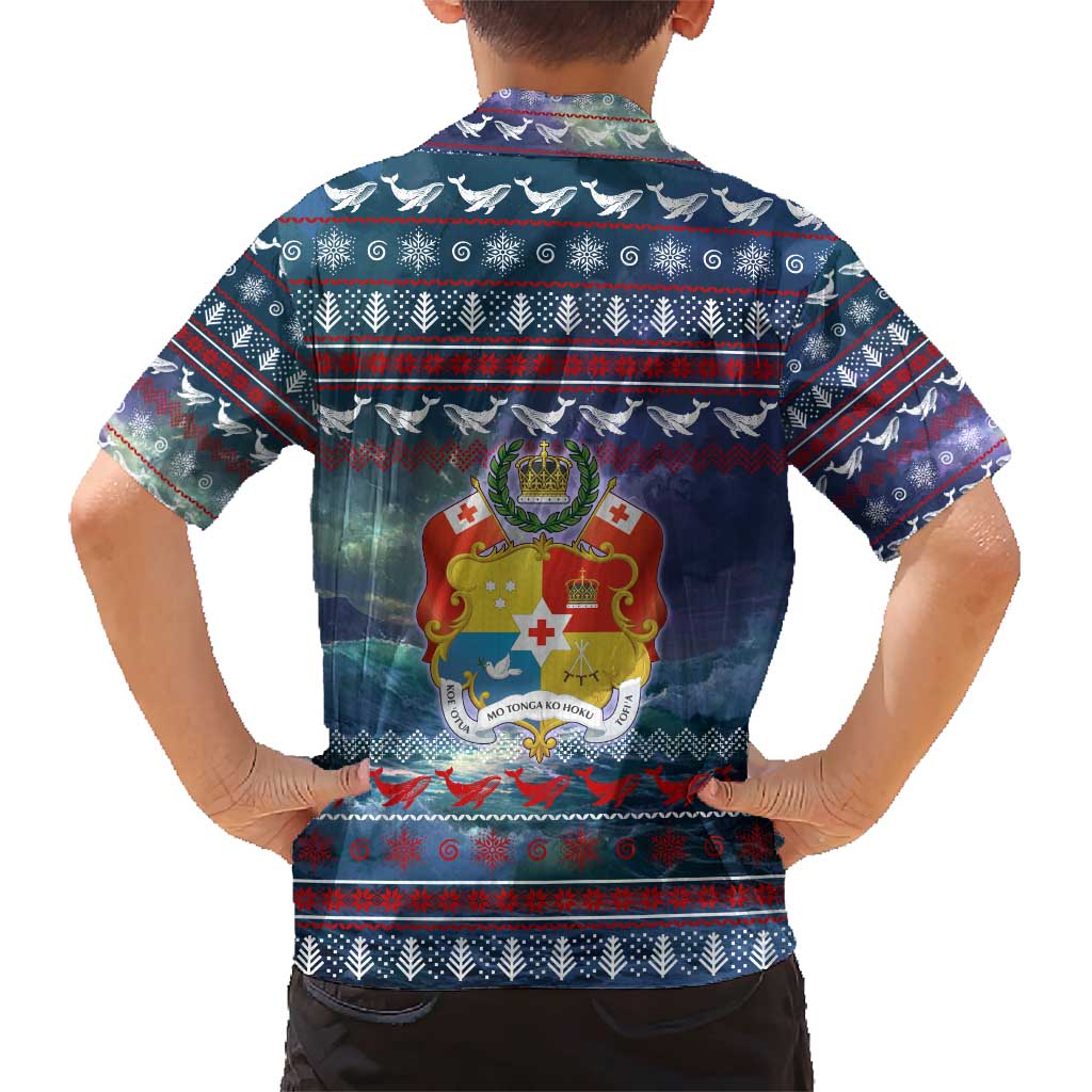 Tonga Christmas Family Matching Short Sleeve Bodycon Dress and Hawaiian Shirt with Singing Whale Ocean Scene National Coat of Arms - Polynesian Pride