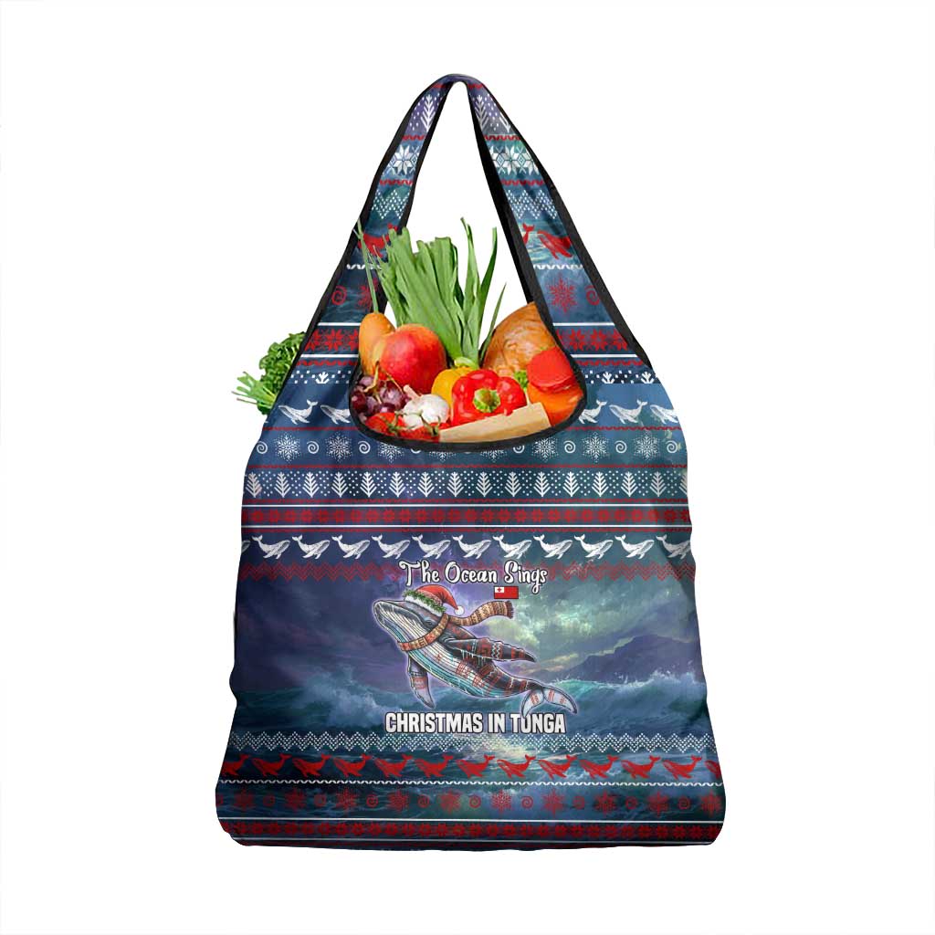 Tonga Christmas Grocery Bag with Singing Whale Ocean Scene National Coat of Arms - Polynesian Pride