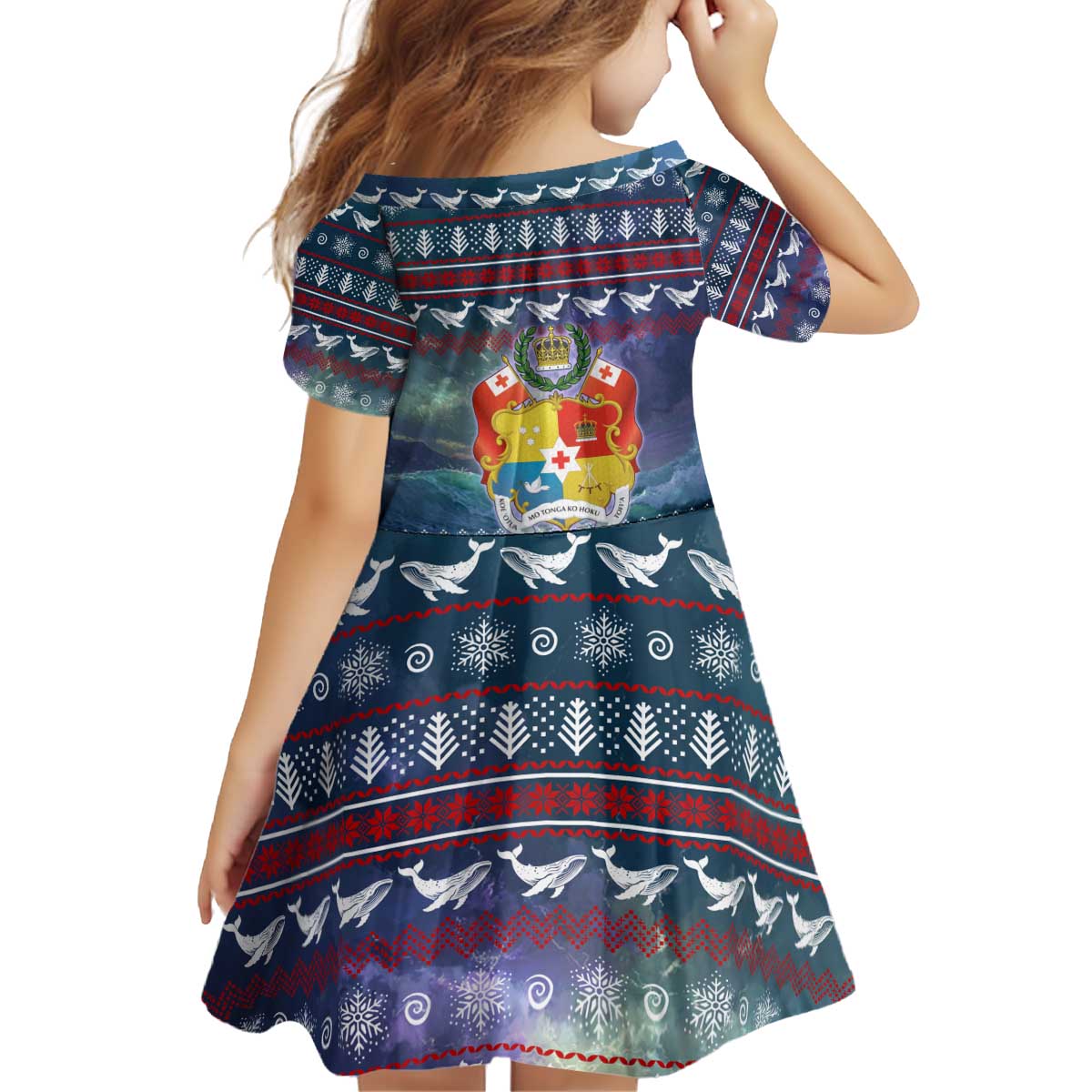 Tonga Christmas Kid Short Sleeve Dress with Singing Whale Ocean Scene National Coat of Arms - Polynesian Pride