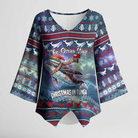 Tonga Christmas Kimono Sleeve Blouse with Singing Whale Ocean Scene National Coat of Arms - Polynesian Pride