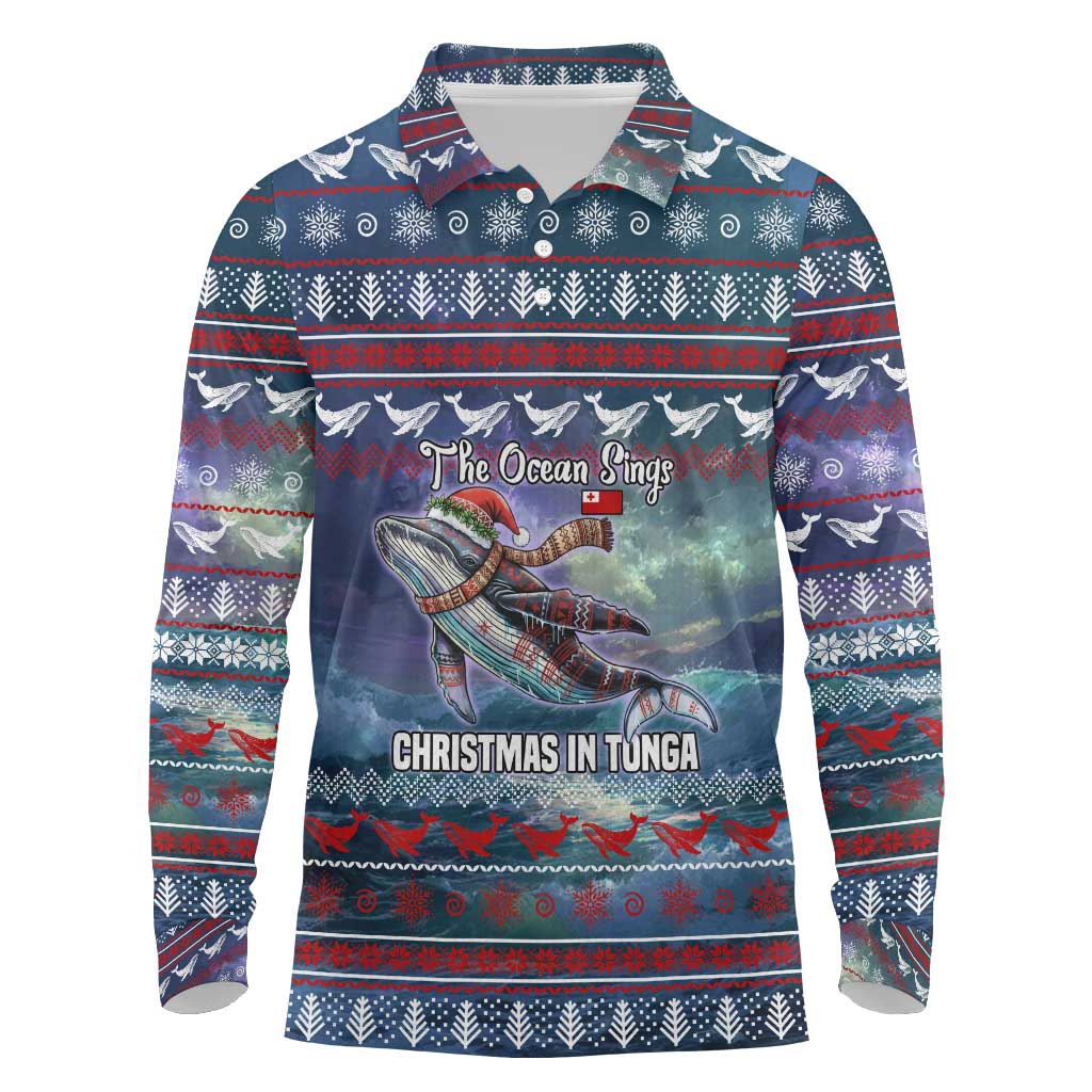 Tonga Christmas Long Sleeve Polo Shirt with Singing Whale Ocean Scene National Coat of Arms - Polynesian Pride