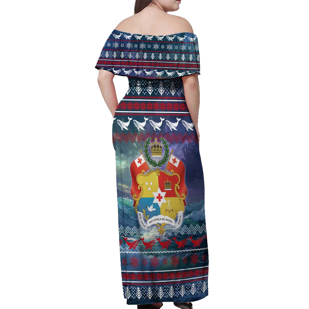 Tonga Christmas Off Shoulder Maxi Dress with Singing Whale Ocean Scene National Coat of Arms - Polynesian Pride