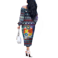 Tonga Christmas Off The Shoulder Long Sleeve Dress with Singing Whale Ocean Scene National Coat of Arms - Polynesian Pride