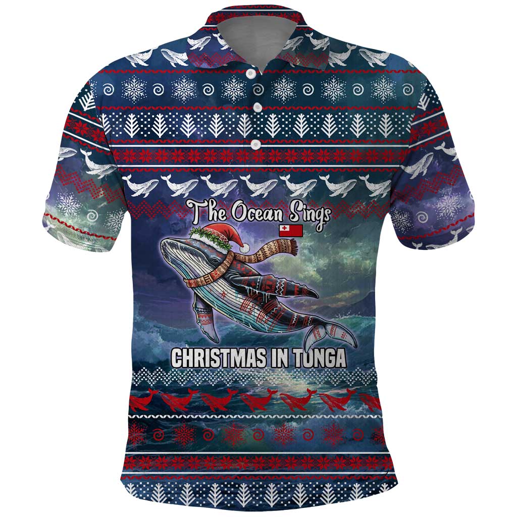Tonga Christmas Polo Shirt with Singing Whale Ocean Scene National Coat of Arms - Polynesian Pride
