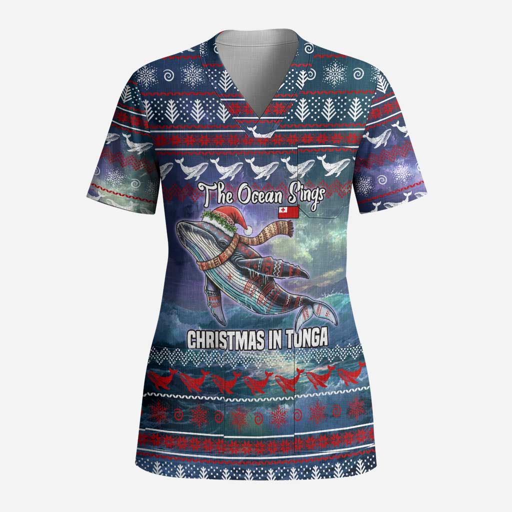 Tonga Christmas Scrub Top with Singing Whale Ocean Scene National Coat of Arms - Polynesian Pride