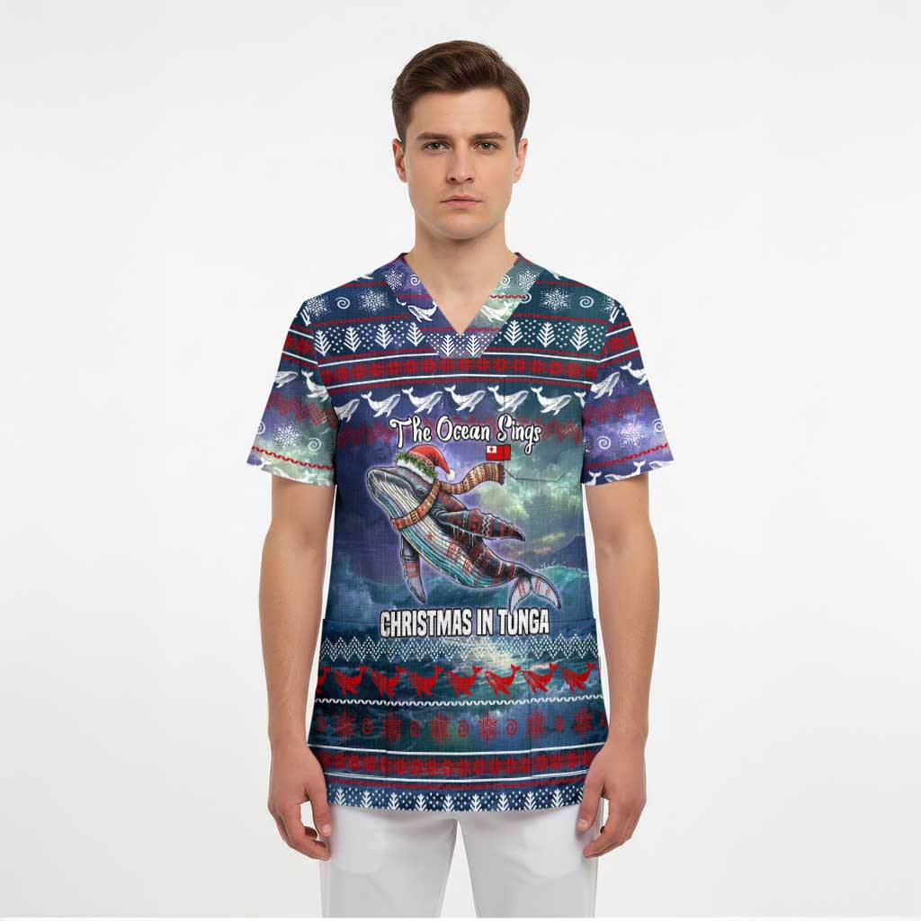 Tonga Christmas Scrub Top with Singing Whale Ocean Scene National Coat of Arms - Polynesian Pride