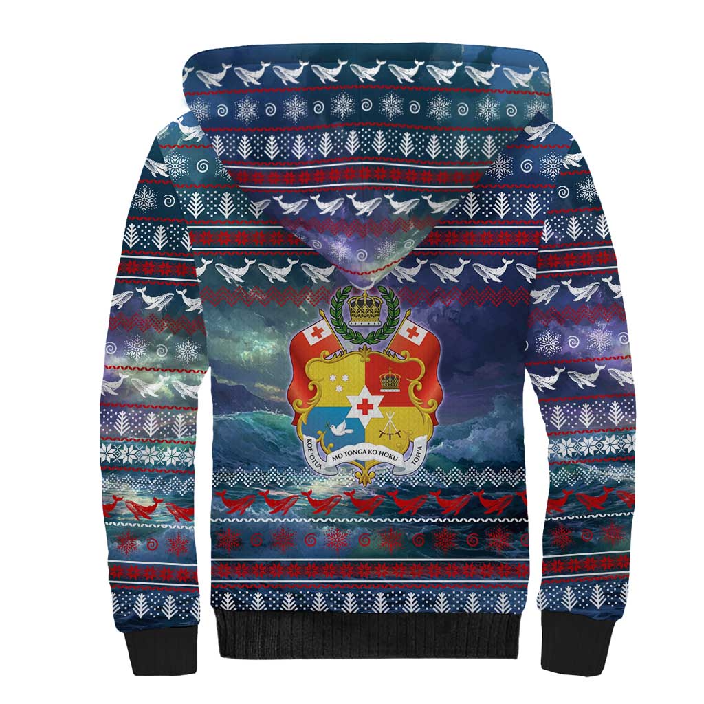 Tonga Christmas Sherpa Hoodie with Singing Whale Ocean Scene National Coat of Arms - Polynesian Pride