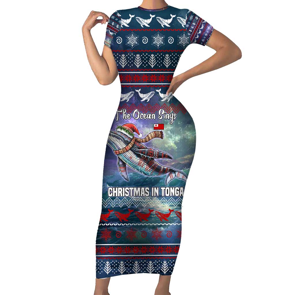 Tonga Christmas Short Sleeve Bodycon Dress with Singing Whale Ocean Scene National Coat of Arms - Polynesian Pride