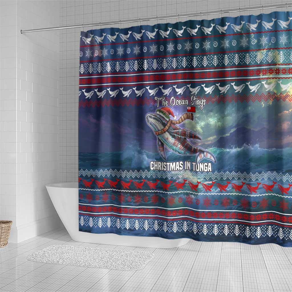Tonga Christmas Shower Curtain with Singing Whale Ocean Scene National Coat of Arms - Polynesian Pride