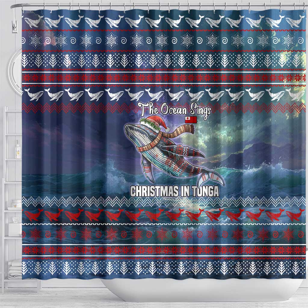 Tonga Christmas Shower Curtain with Singing Whale Ocean Scene National Coat of Arms - Polynesian Pride