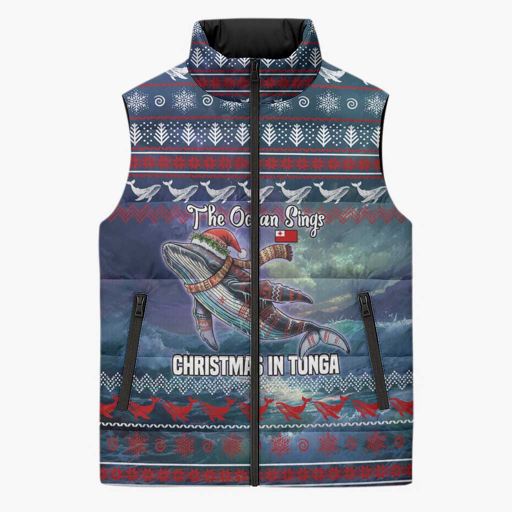 Tonga Christmas Sleeveless Puffer Jacket with Singing Whale Ocean Scene National Coat of Arms - Polynesian Pride