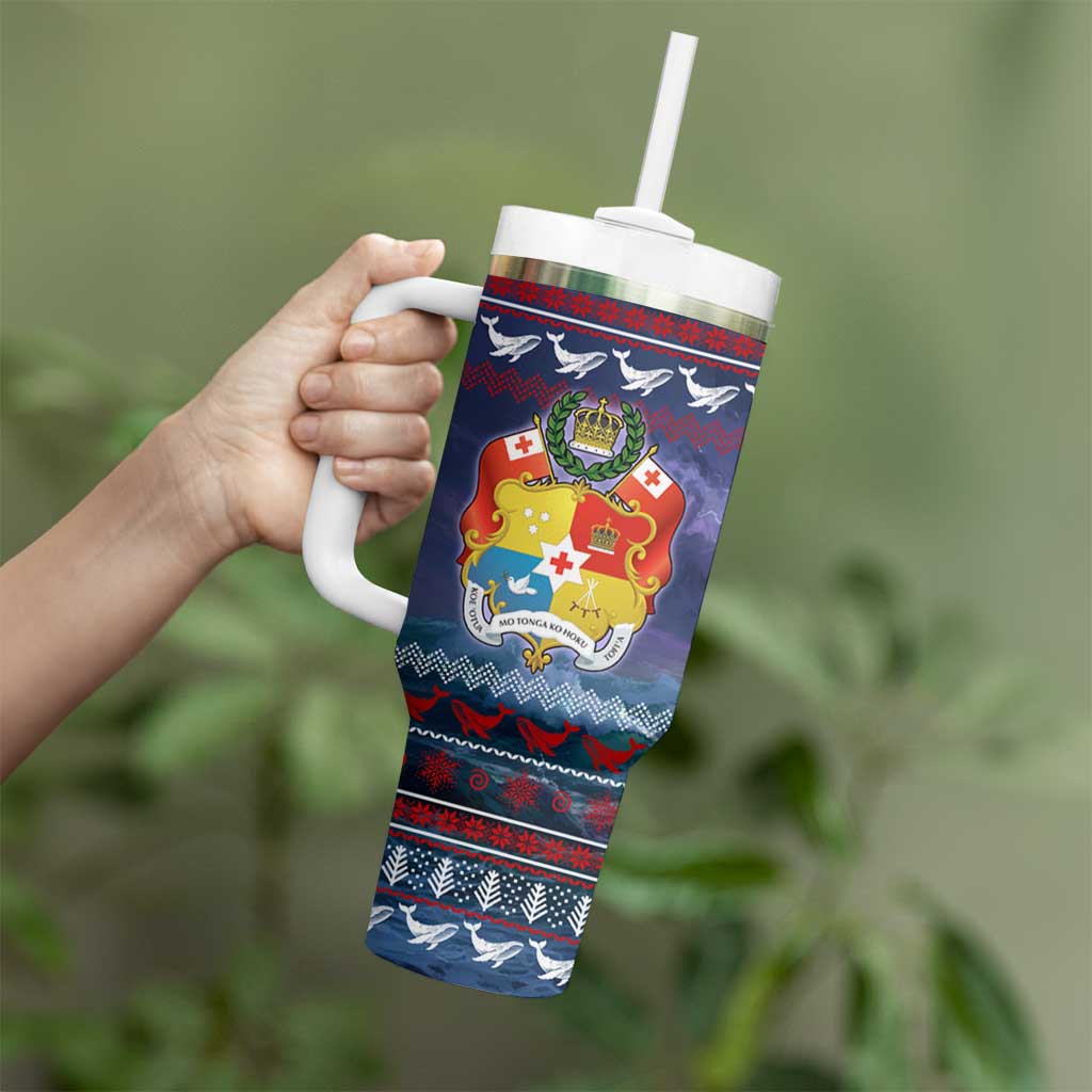 Tonga Christmas Tumbler With Handle with Singing Whale Ocean Scene National Coat of Arms - Polynesian Pride