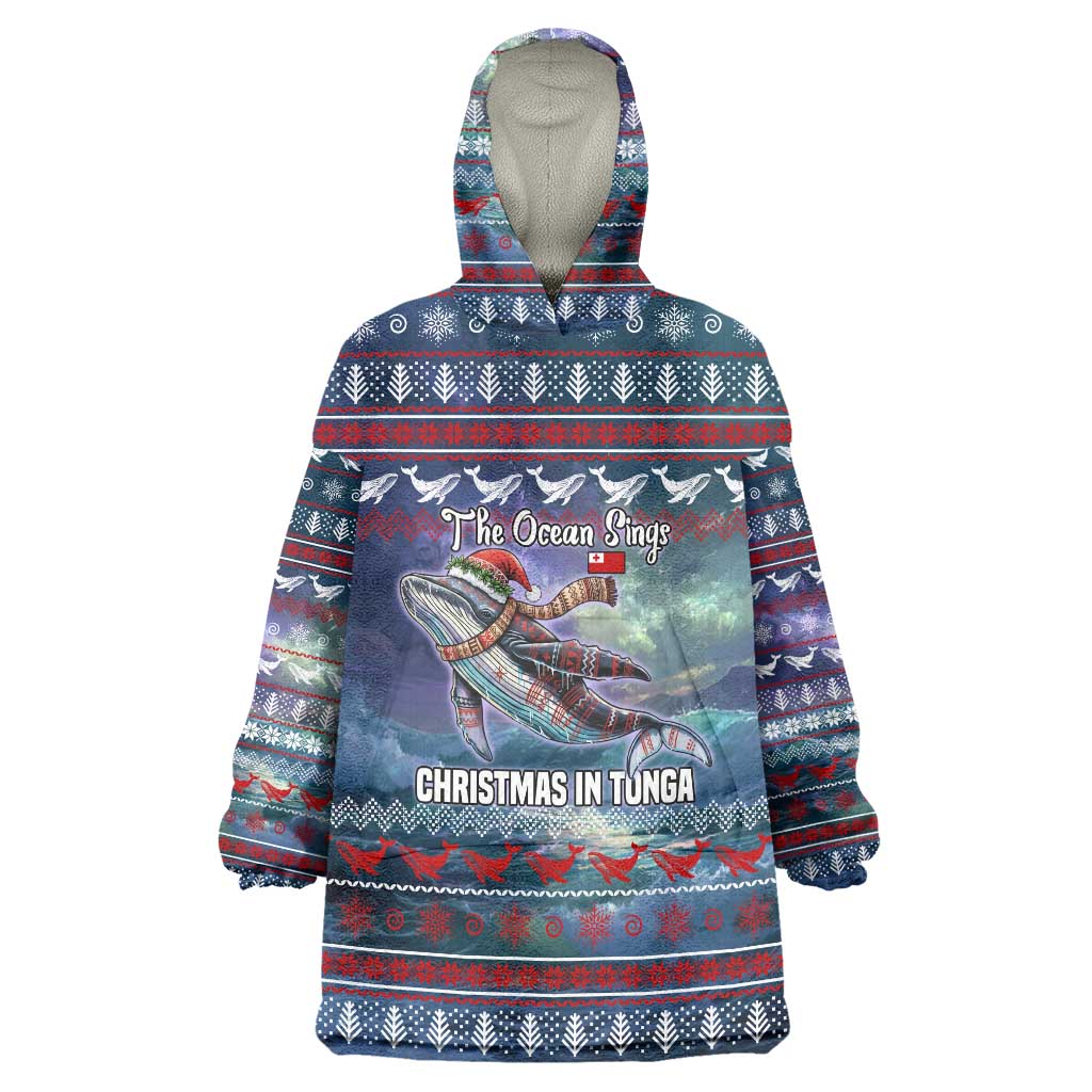 Tonga Christmas Wearable Blanket Hoodie with Singing Whale Ocean Scene National Coat of Arms - Polynesian Pride