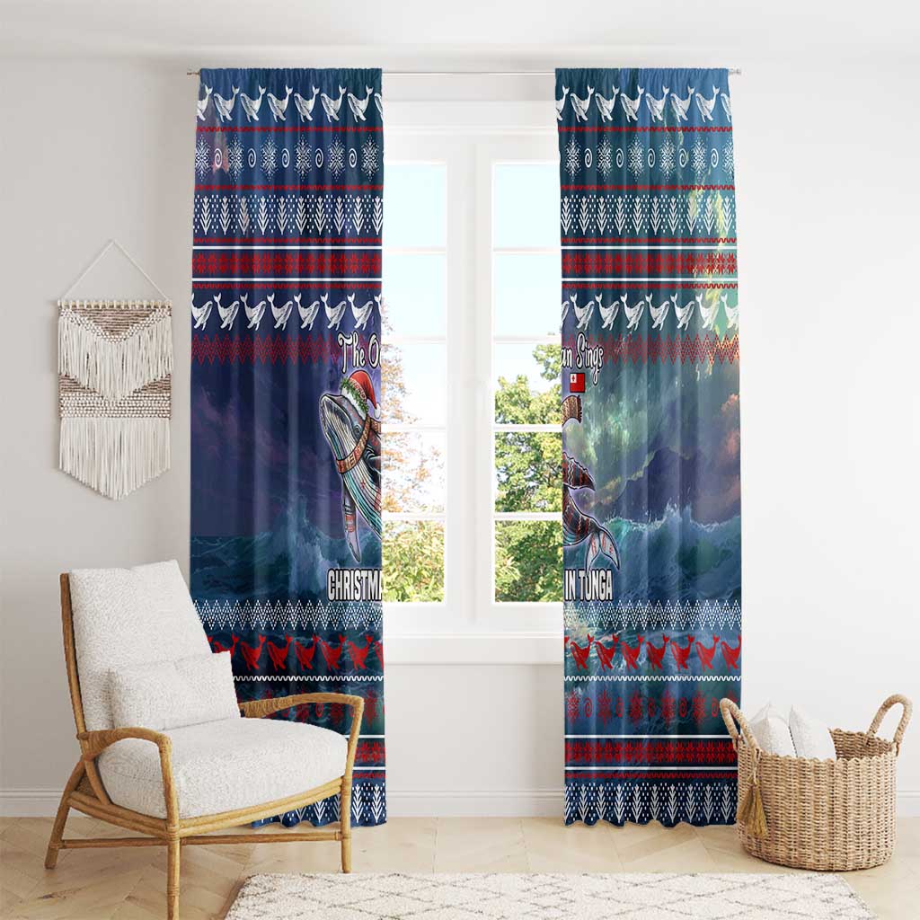 Tonga Christmas Window Curtain with Singing Whale Ocean Scene National Coat of Arms - Polynesian Pride