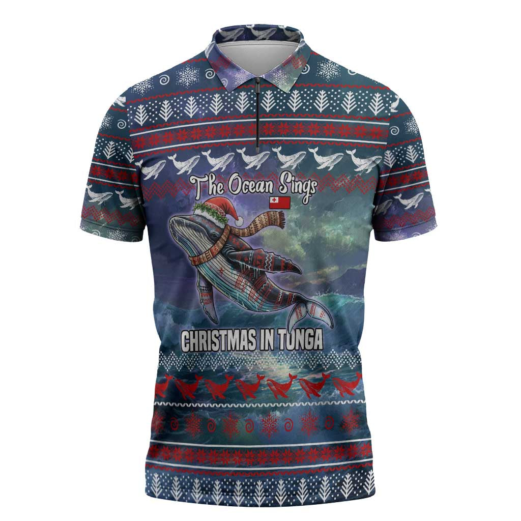 Tonga Christmas Zipper Polo Shirt with Singing Whale Ocean Scene National Coat of Arms - Polynesian Pride