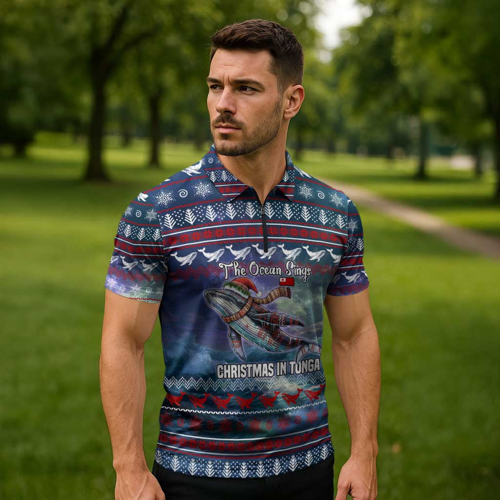 Tonga Christmas Zipper Polo Shirt with Singing Whale Ocean Scene National Coat of Arms - Polynesian Pride