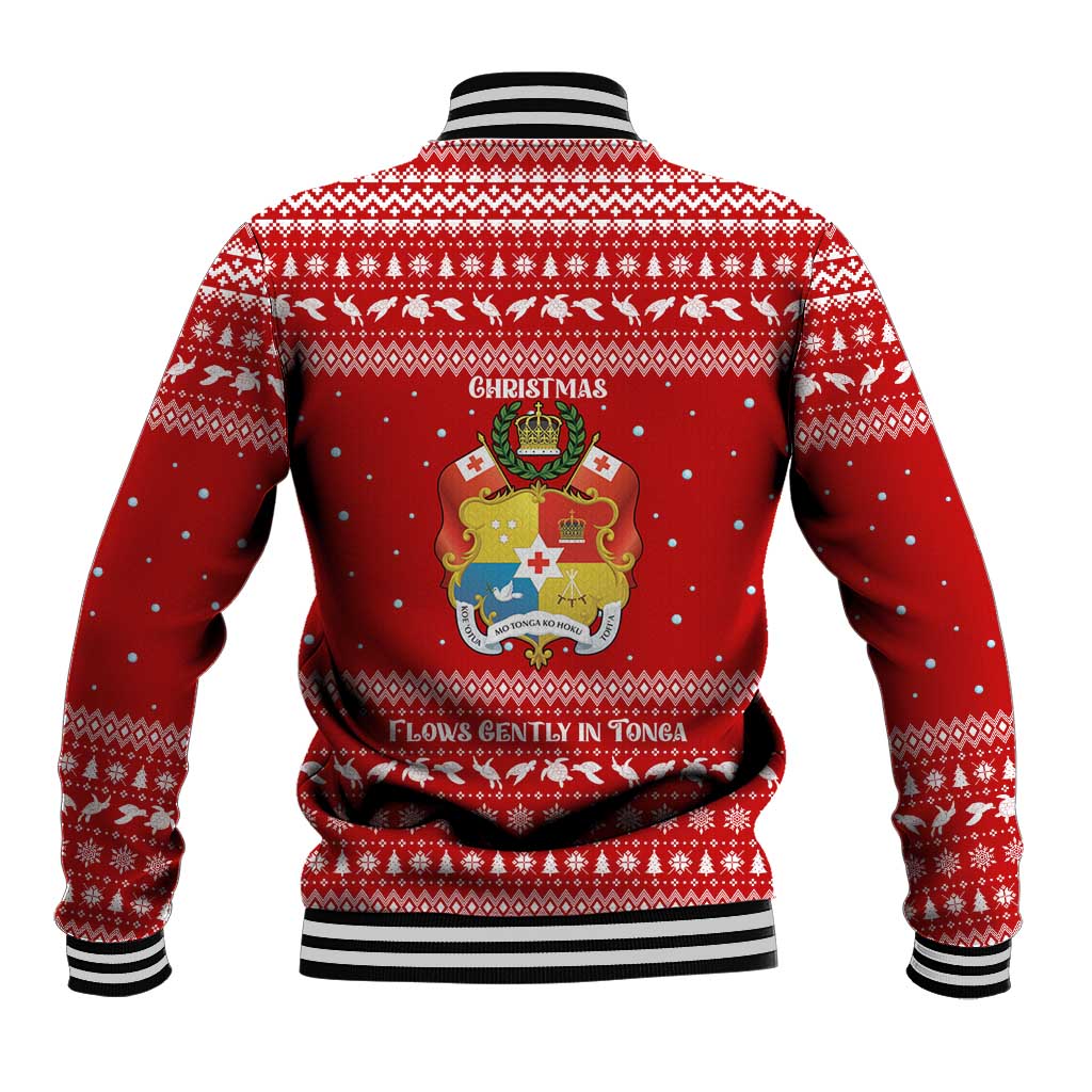 Tonga Christmas Baseball Jacket with Sea Turtle Coral Reef Design Snowflake Pattern and National Emblem - Polynesian Pride
