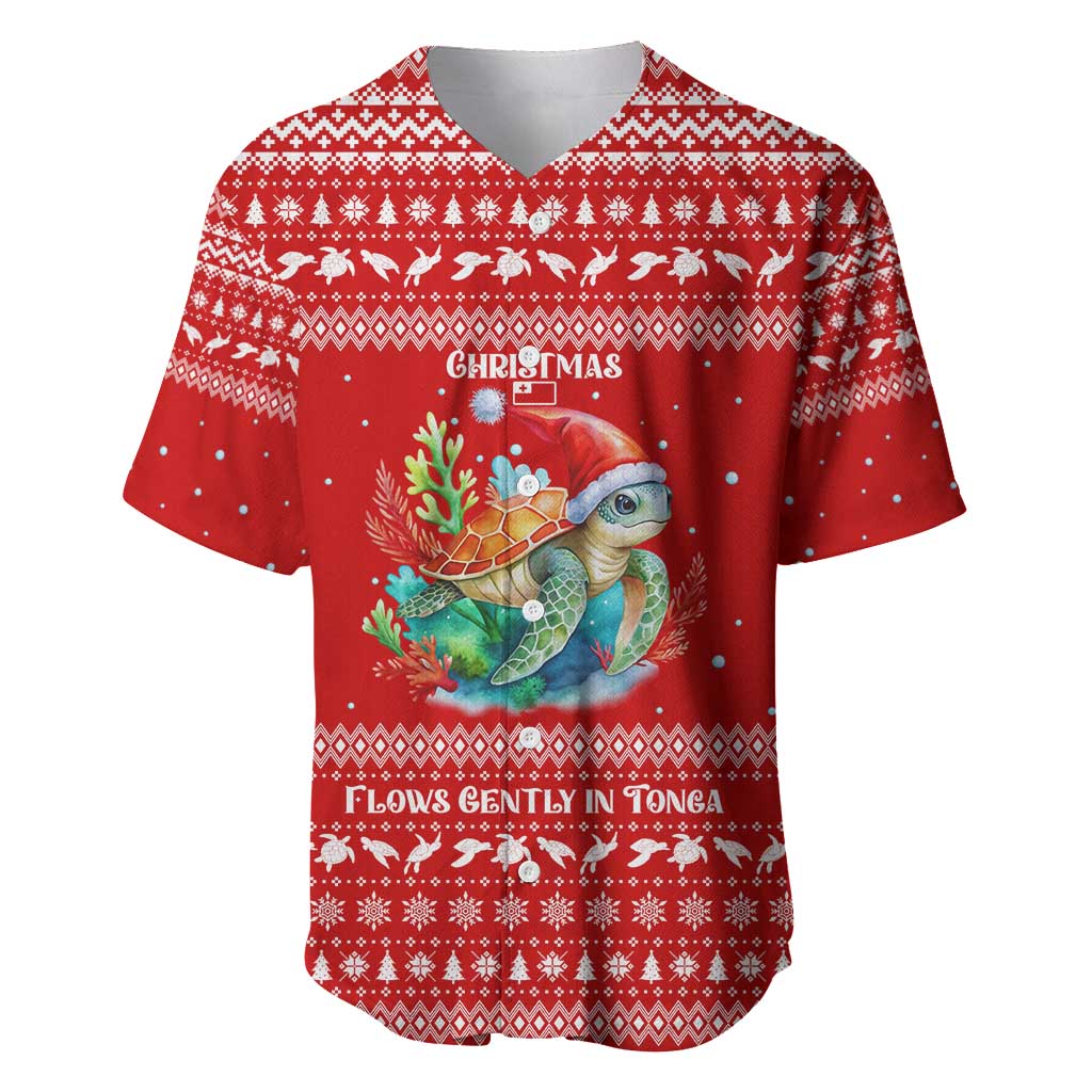 Tonga Christmas Baseball Jersey with Sea Turtle Coral Reef Design Snowflake Pattern and National Emblem TS04 Red White - Polynesian Pride