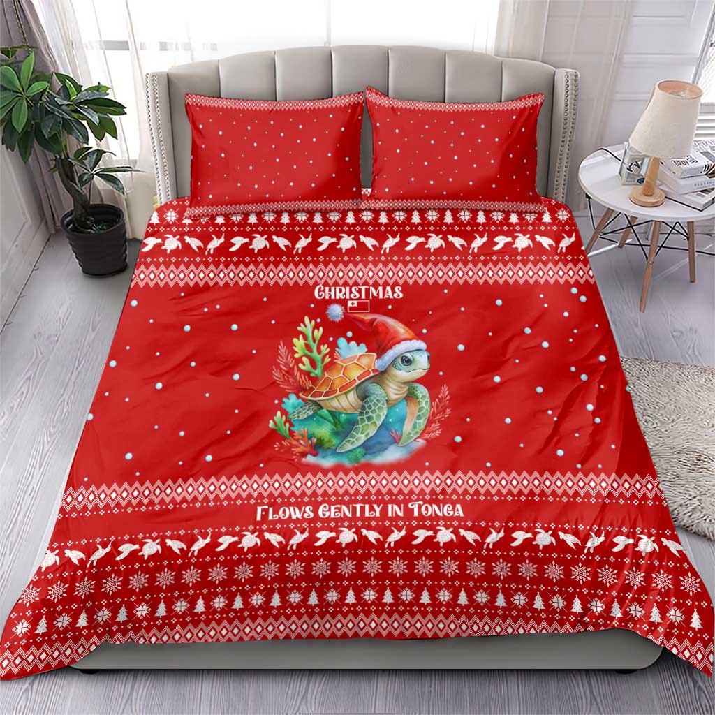Tonga Christmas Bedding Set with Sea Turtle Coral Reef Design Snowflake Pattern and National Emblem - Polynesian Pride