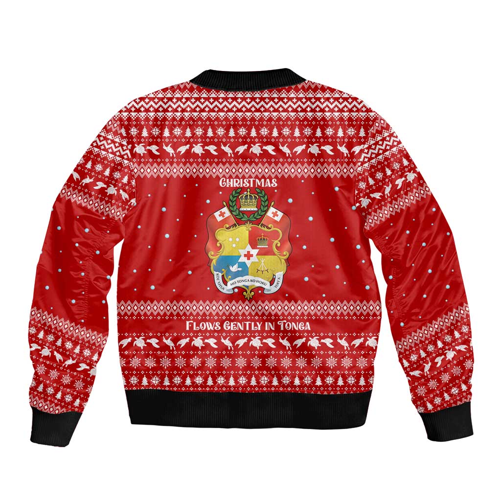Tonga Christmas Bomber Jacket with Sea Turtle Coral Reef Design Snowflake Pattern and National Emblem - Polynesian Pride