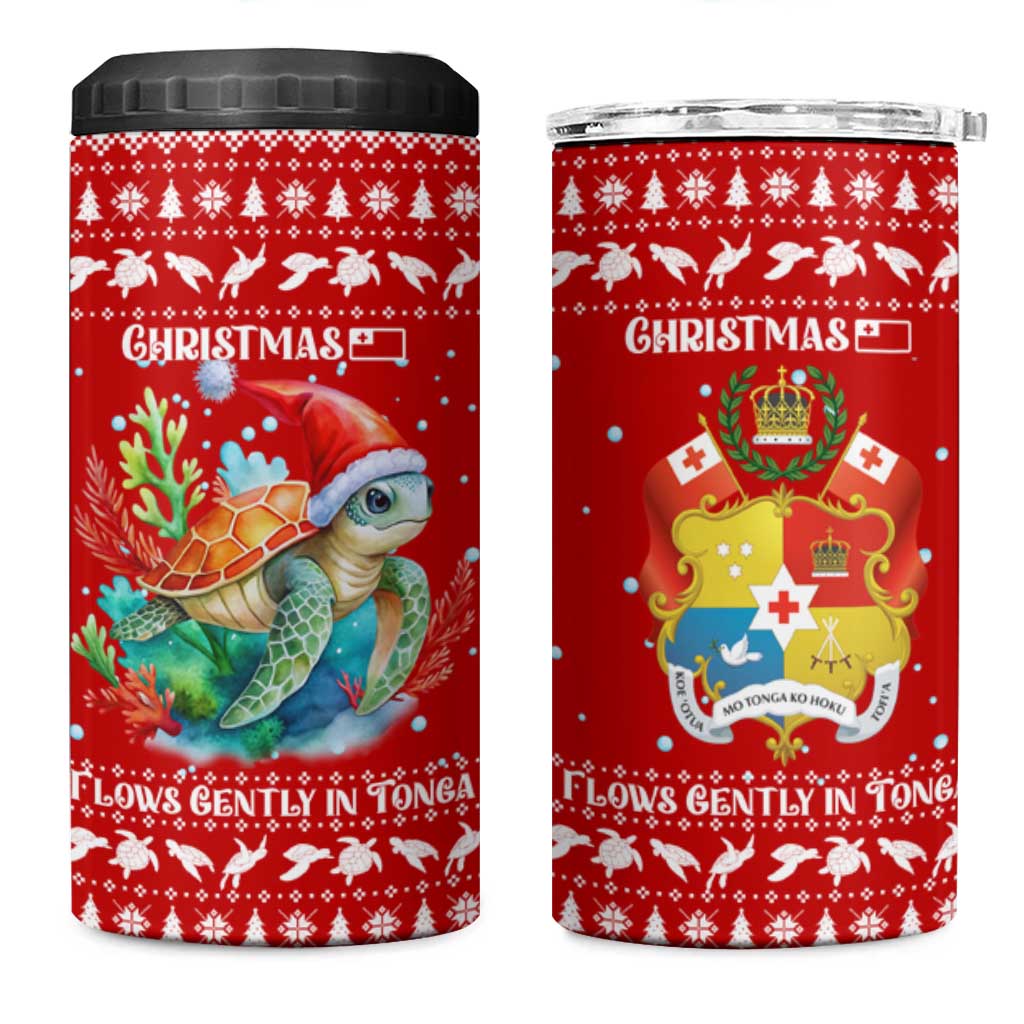 Tonga Christmas 4 in 1 Can Cooler Tumbler with Sea Turtle Coral Reef Design Snowflake Pattern and National Emblem - Polynesian Pride