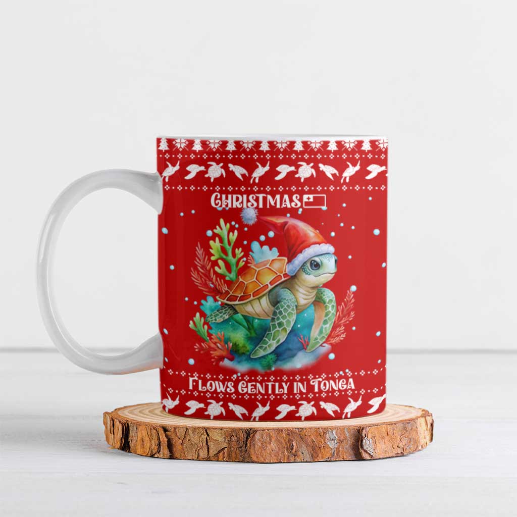 Tonga Christmas Ceramic Mug with Sea Turtle Coral Reef Design Snowflake Pattern and National Emblem - Polynesian Pride