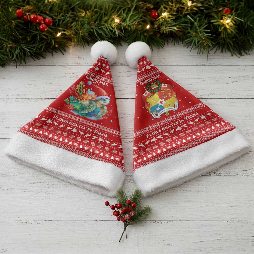 Tonga Christmas Santa Hat with Sea Turtle Coral Reef Design Snowflake Pattern and National Emblem - Polynesian Pride