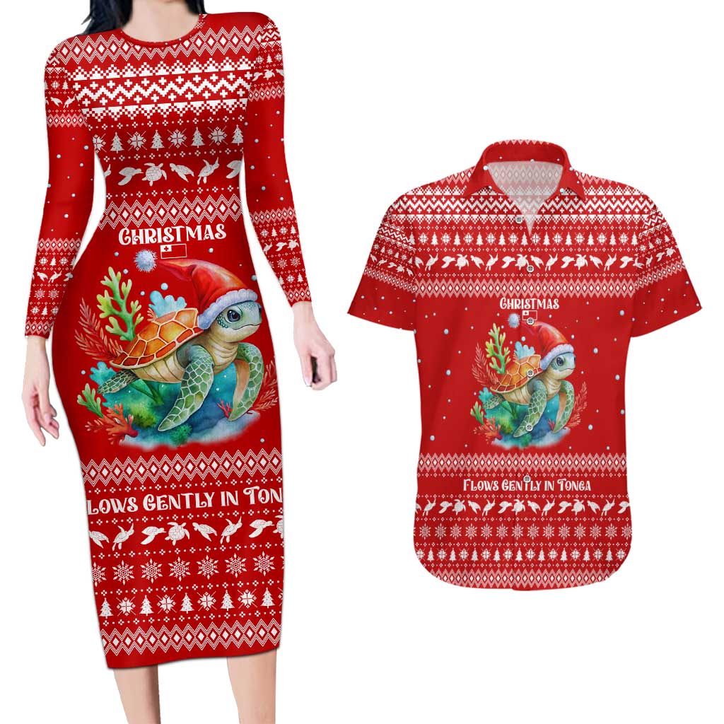 Tonga Christmas Couples Matching Long Sleeve Bodycon Dress and Hawaiian Shirt with Sea Turtle Coral Reef Design Snowflake Pattern and National Emblem - Polynesian Pride