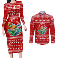 Tonga Christmas Couples Matching Long Sleeve Bodycon Dress and Long Sleeve Button Shirt with Sea Turtle Coral Reef Design Snowflake Pattern and National Emblem - Polynesian Pride