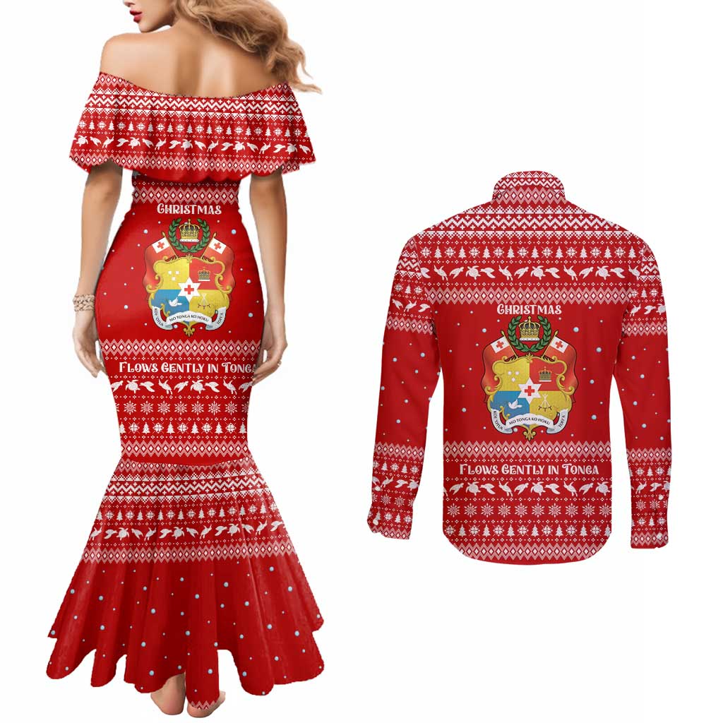 Tonga Christmas Couples Matching Mermaid Dress and Long Sleeve Button Shirt with Sea Turtle Coral Reef Design Snowflake Pattern and National Emblem - Polynesian Pride