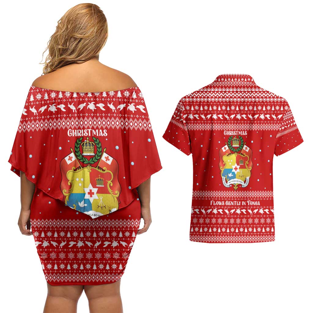 Tonga Christmas Couples Matching Off Shoulder Short Dress and Hawaiian Shirt with Sea Turtle Coral Reef Design Snowflake Pattern and National Emblem - Polynesian Pride