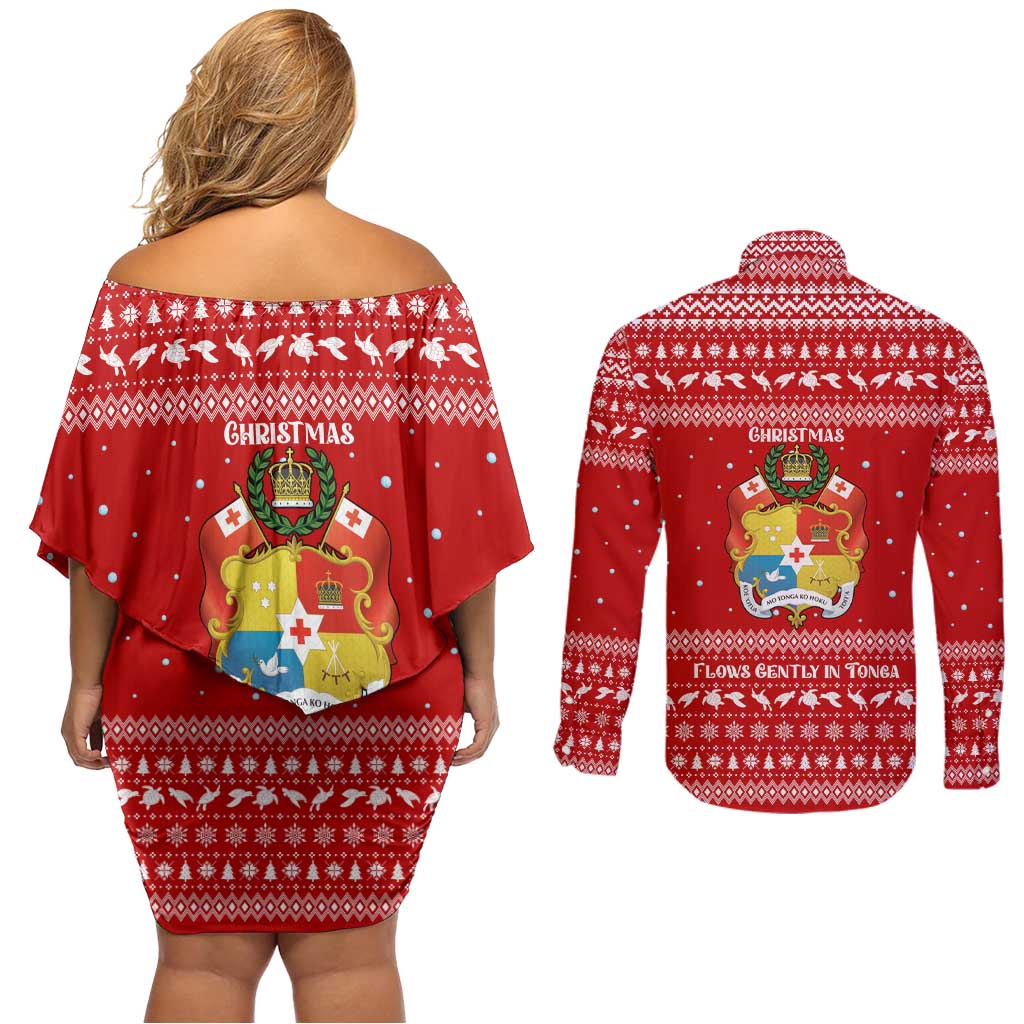 Tonga Christmas Couples Matching Off Shoulder Short Dress and Long Sleeve Button Shirt with Sea Turtle Coral Reef Design Snowflake Pattern and National Emblem - Polynesian Pride