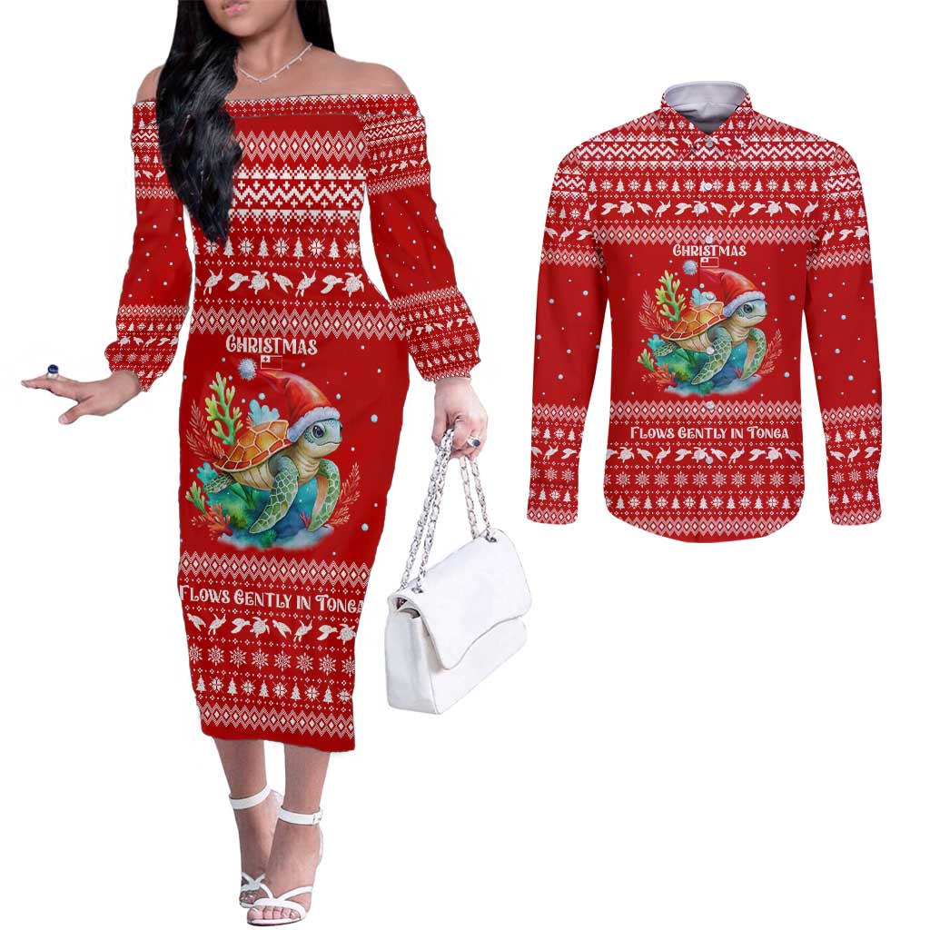 Tonga Christmas Couples Matching Off The Shoulder Long Sleeve Dress and Long Sleeve Button Shirt with Sea Turtle Coral Reef Design Snowflake Pattern and National Emblem - Polynesian Pride