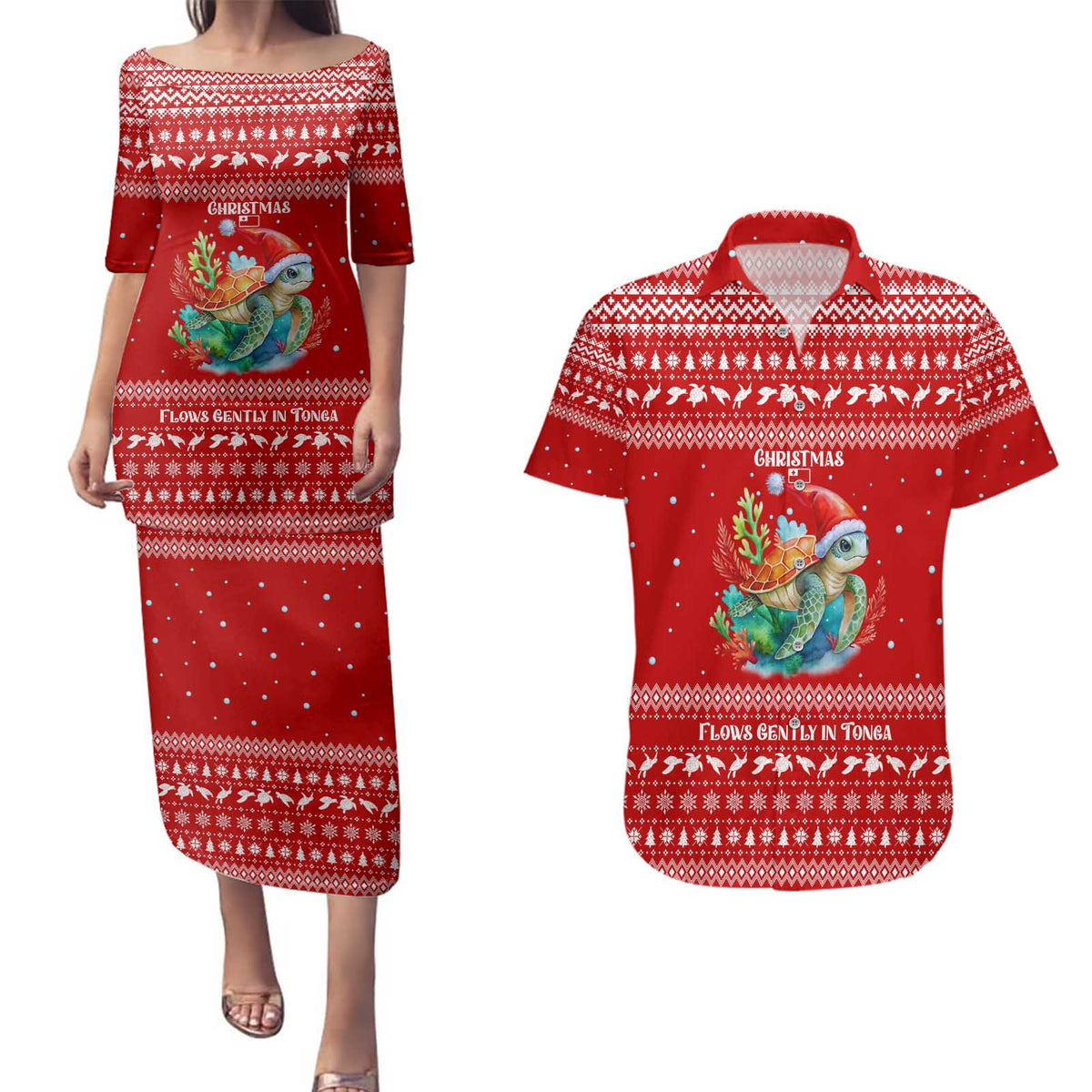 Tonga Christmas Couples Matching Puletasi and Hawaiian Shirt with Sea Turtle Coral Reef Design Snowflake Pattern and National Emblem - Polynesian Pride