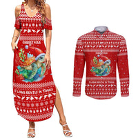 Tonga Christmas Couples Matching Summer Maxi Dress and Long Sleeve Button Shirt with Sea Turtle Coral Reef Design Snowflake Pattern and National Emblem - Polynesian Pride