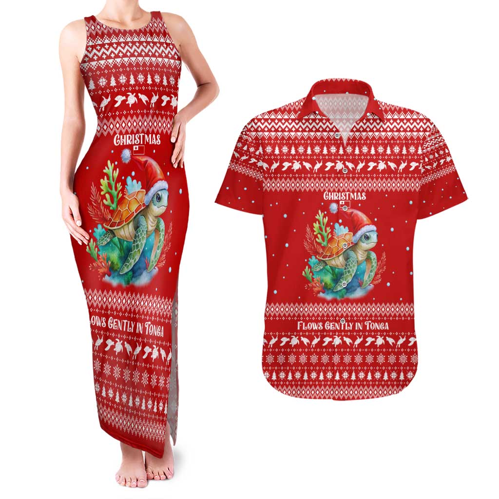 Tonga Christmas Couples Matching Tank Maxi Dress and Hawaiian Shirt with Sea Turtle Coral Reef Design Snowflake Pattern and National Emblem - Polynesian Pride