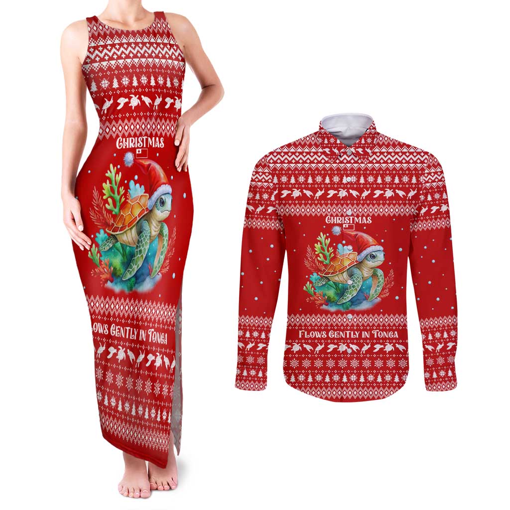 Tonga Christmas Couples Matching Tank Maxi Dress and Long Sleeve Button Shirt with Sea Turtle Coral Reef Design Snowflake Pattern and National Emblem - Polynesian Pride
