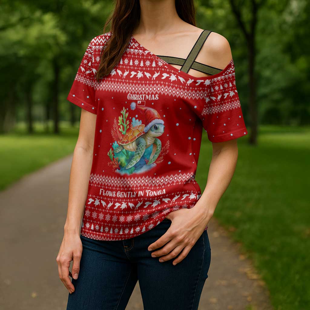 Tonga Christmas Cross Shoulder Shirt with Sea Turtle Coral Reef Design Snowflake Pattern and National Emblem - Polynesian Pride